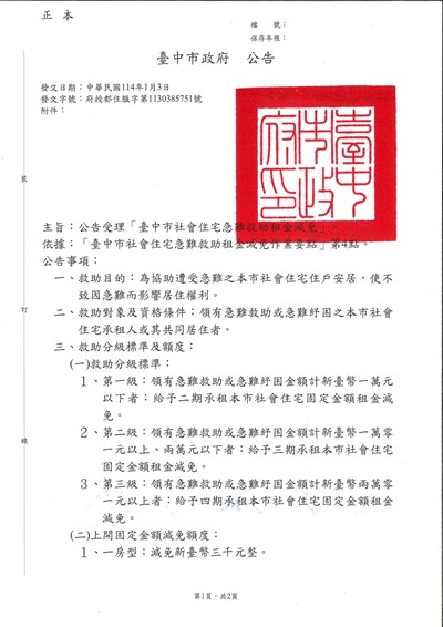 臺中市公告受理社會住宅急難救助租金減免_1